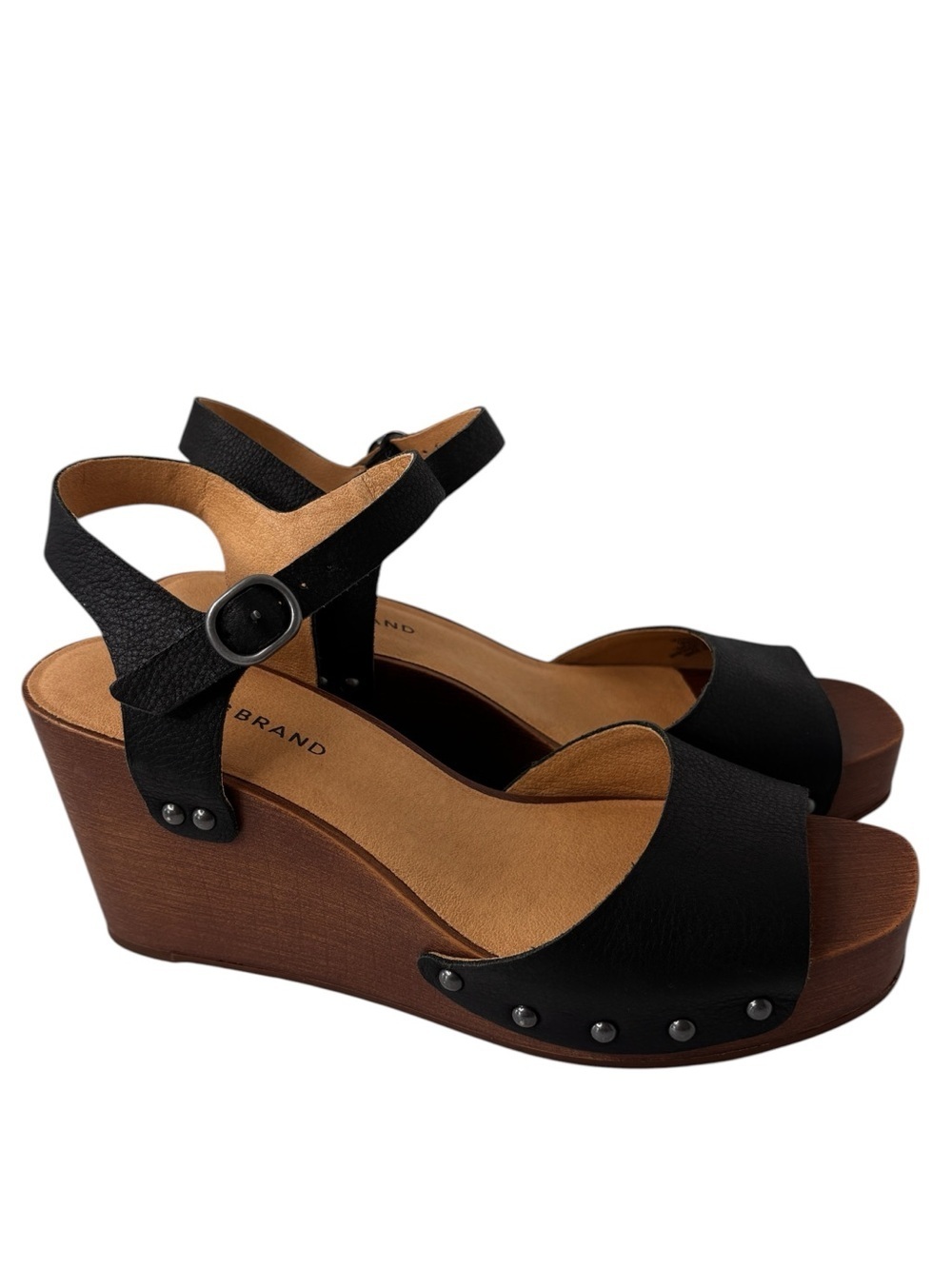 LUCKY BRAND Zashti Sandals Black Leather Wedge Studded Ankle Strap Size 9 NWOT